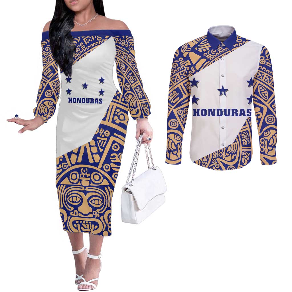 Honduras Couples Matching Off The Shoulder Long Sleeve Dress and Long Sleeve Button Shirt National Emblem Blended with Traditional Patterns - Cultural Heritage Design