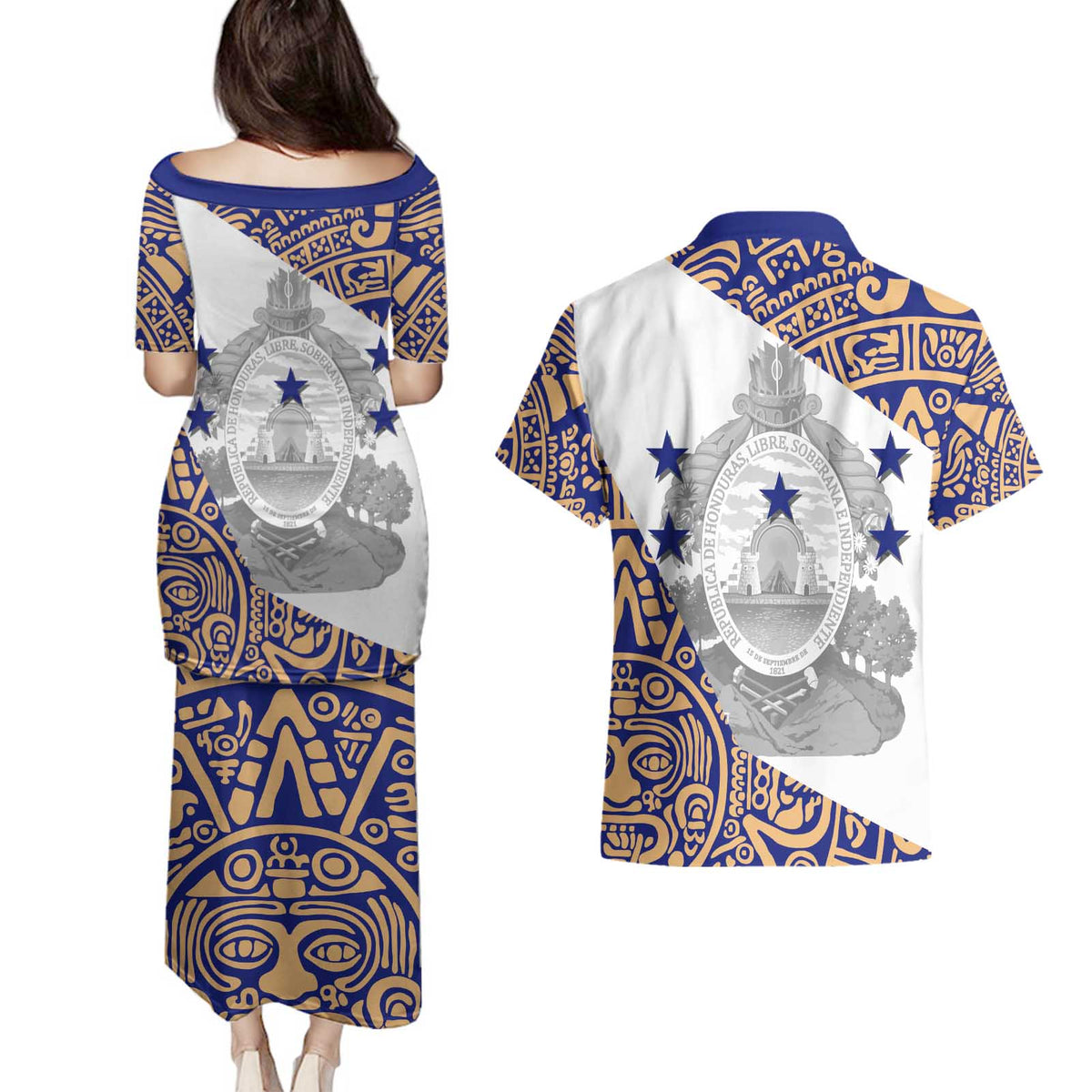 Honduras Couples Matching Puletasi and Hawaiian Shirt National Emblem Blended with Traditional Patterns - Cultural Heritage Design