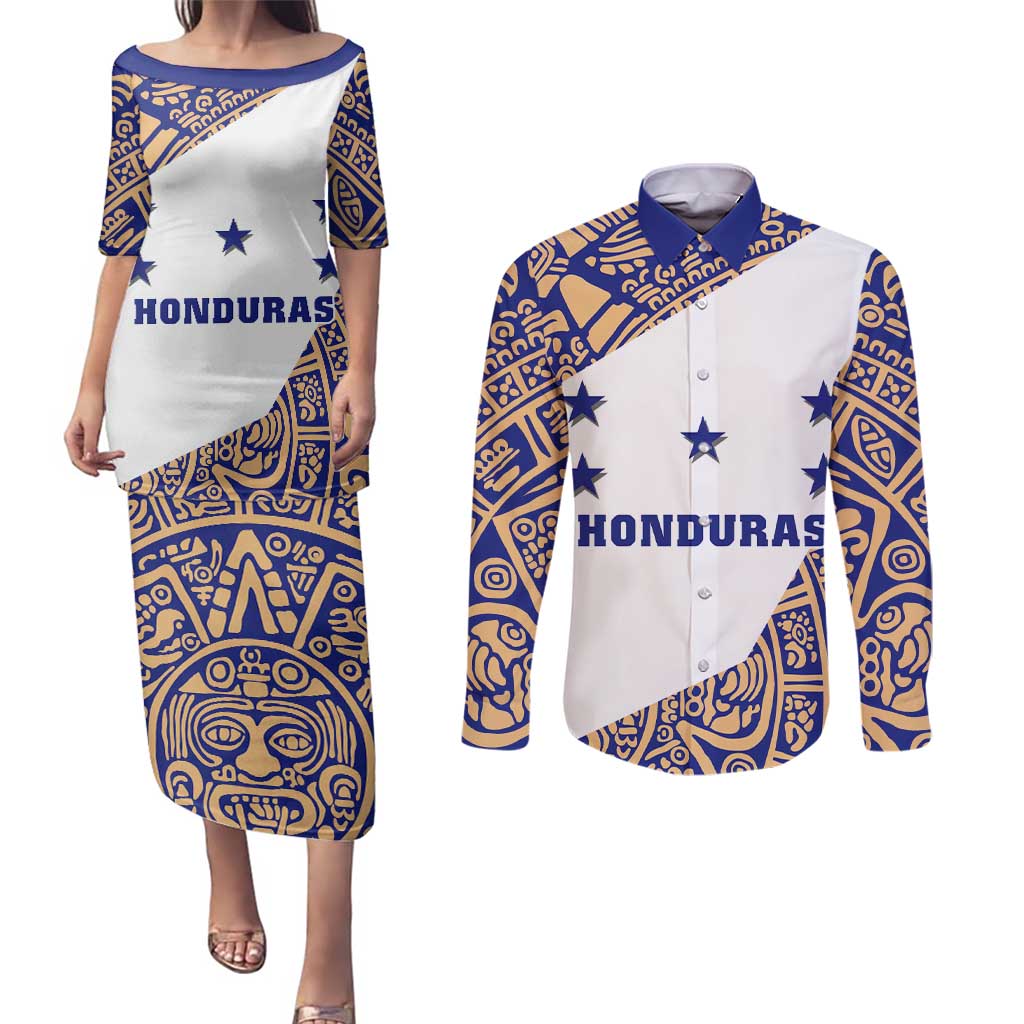 Honduras Couples Matching Puletasi and Long Sleeve Button Shirt National Emblem Blended with Traditional Patterns - Cultural Heritage Design