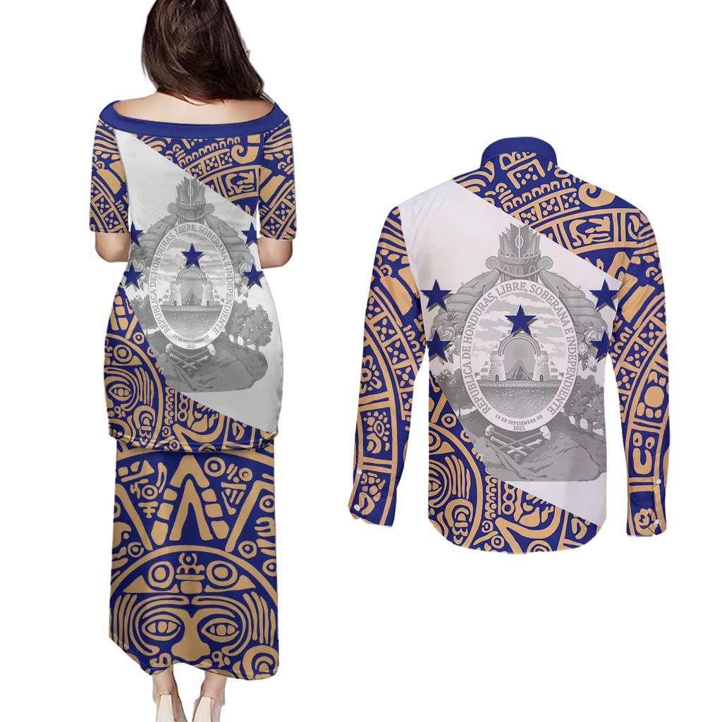 Honduras Couples Matching Puletasi and Long Sleeve Button Shirt National Emblem Blended with Traditional Patterns - Cultural Heritage Design
