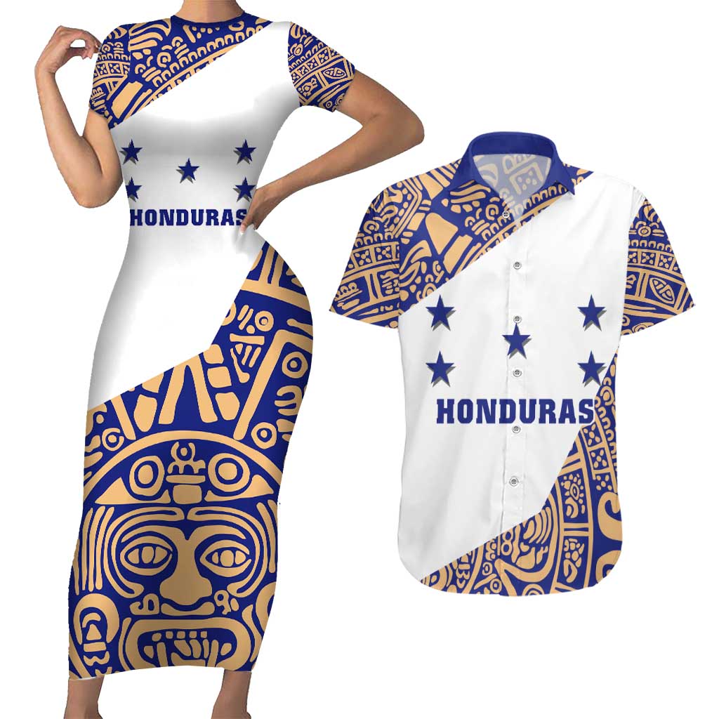 Honduras Couples Matching Short Sleeve Bodycon Dress and Hawaiian Shirt National Emblem Blended with Traditional Patterns - Cultural Heritage Design