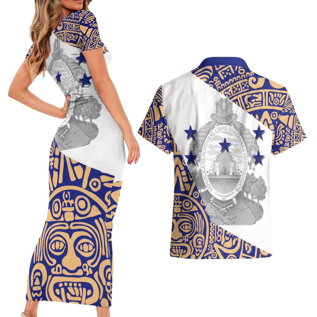Honduras Couples Matching Short Sleeve Bodycon Dress and Hawaiian Shirt National Emblem Blended with Traditional Patterns - Cultural Heritage Design