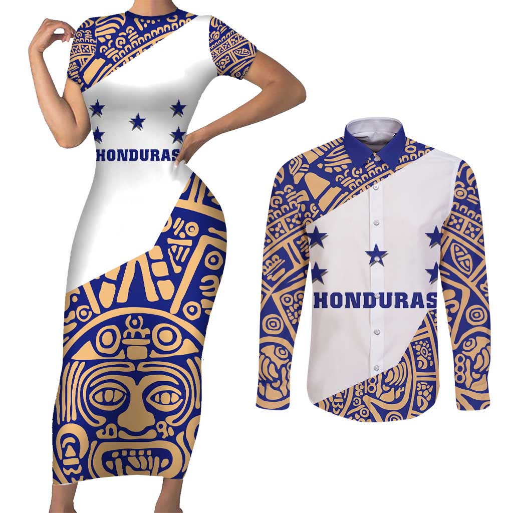 Honduras Couples Matching Short Sleeve Bodycon Dress and Long Sleeve Button Shirt National Emblem Blended with Traditional Patterns - Cultural Heritage Design