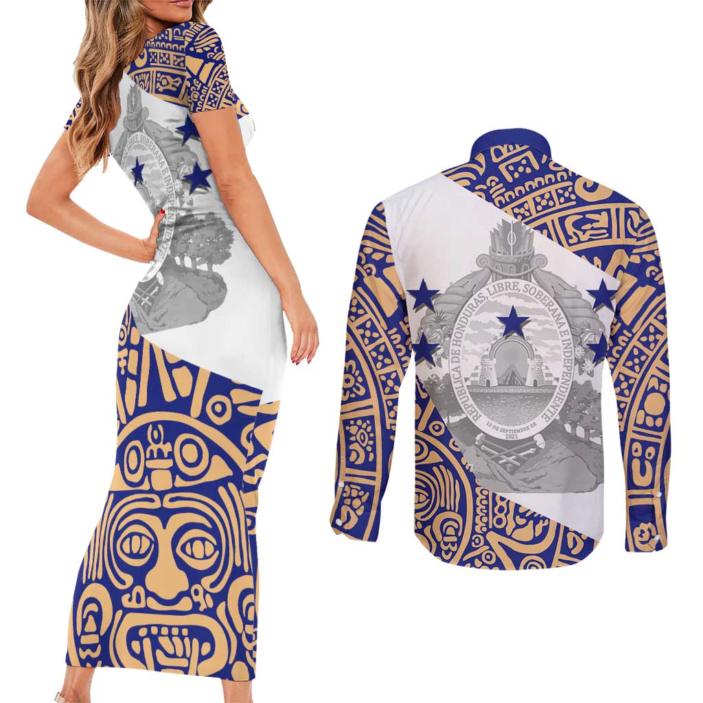 Honduras Couples Matching Short Sleeve Bodycon Dress and Long Sleeve Button Shirt National Emblem Blended with Traditional Patterns - Cultural Heritage Design
