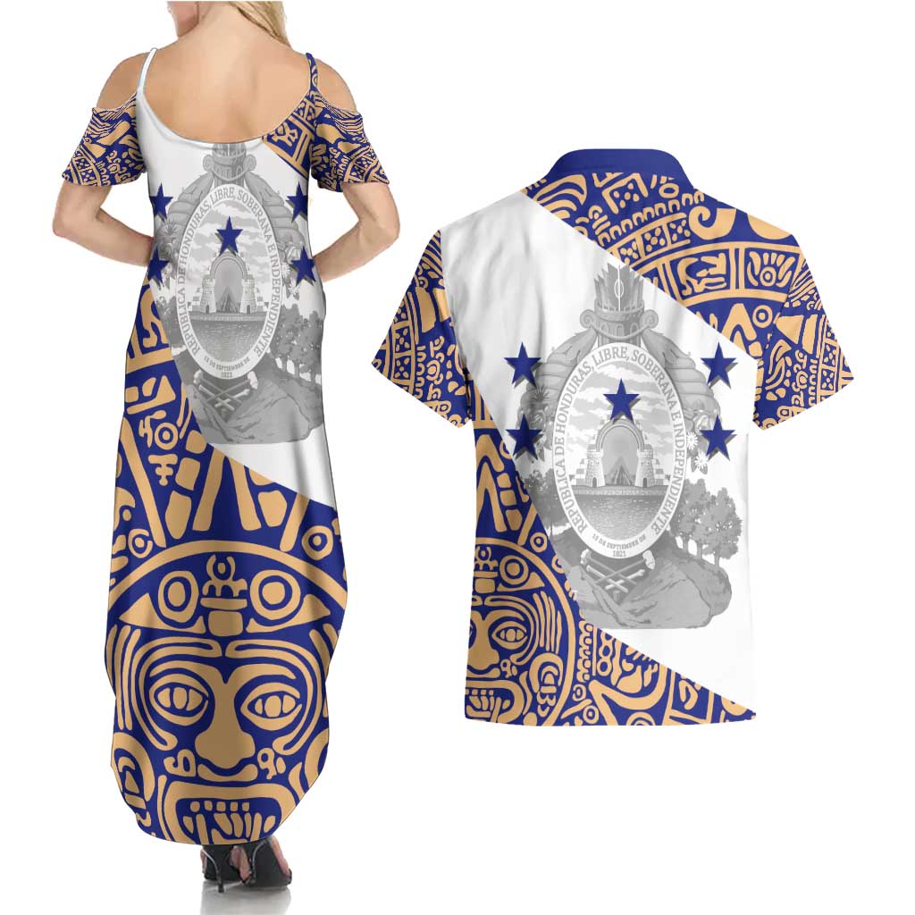 Honduras Couples Matching Summer Maxi Dress and Hawaiian Shirt National Emblem Blended with Traditional Patterns - Cultural Heritage Design