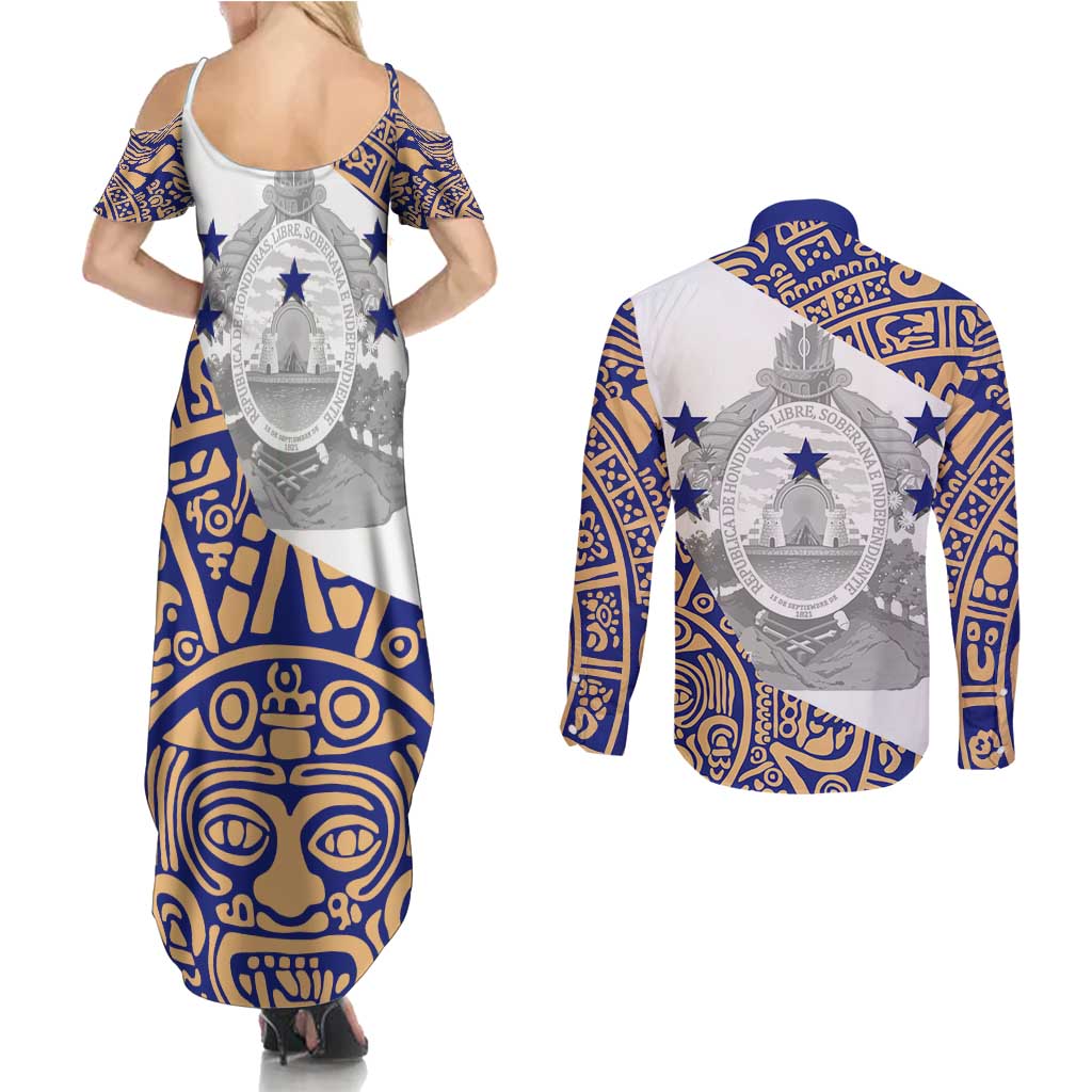 Honduras Couples Matching Summer Maxi Dress and Long Sleeve Button Shirt National Emblem Blended with Traditional Patterns - Cultural Heritage Design