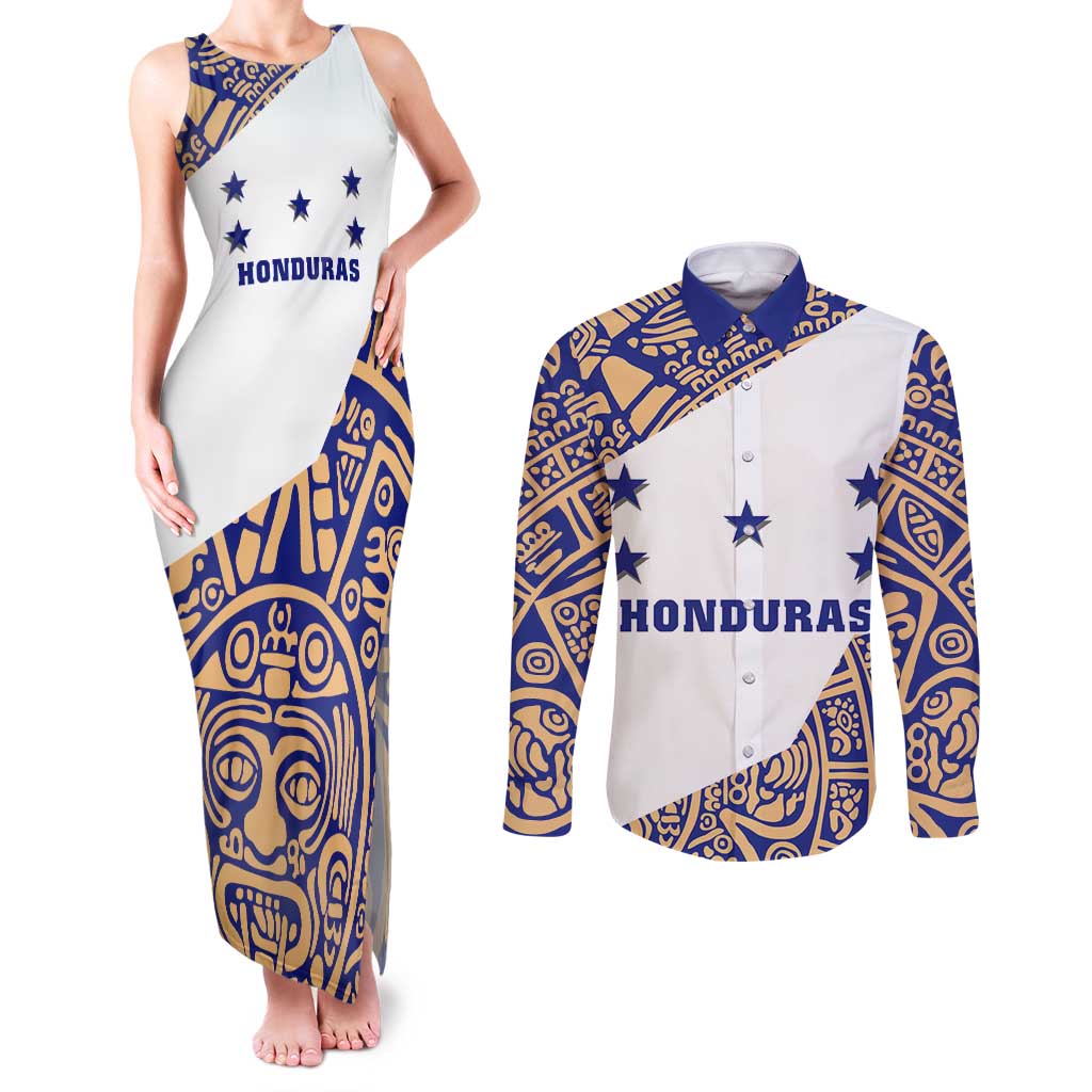 Honduras Couples Matching Tank Maxi Dress and Long Sleeve Button Shirt National Emblem Blended with Traditional Patterns - Cultural Heritage Design