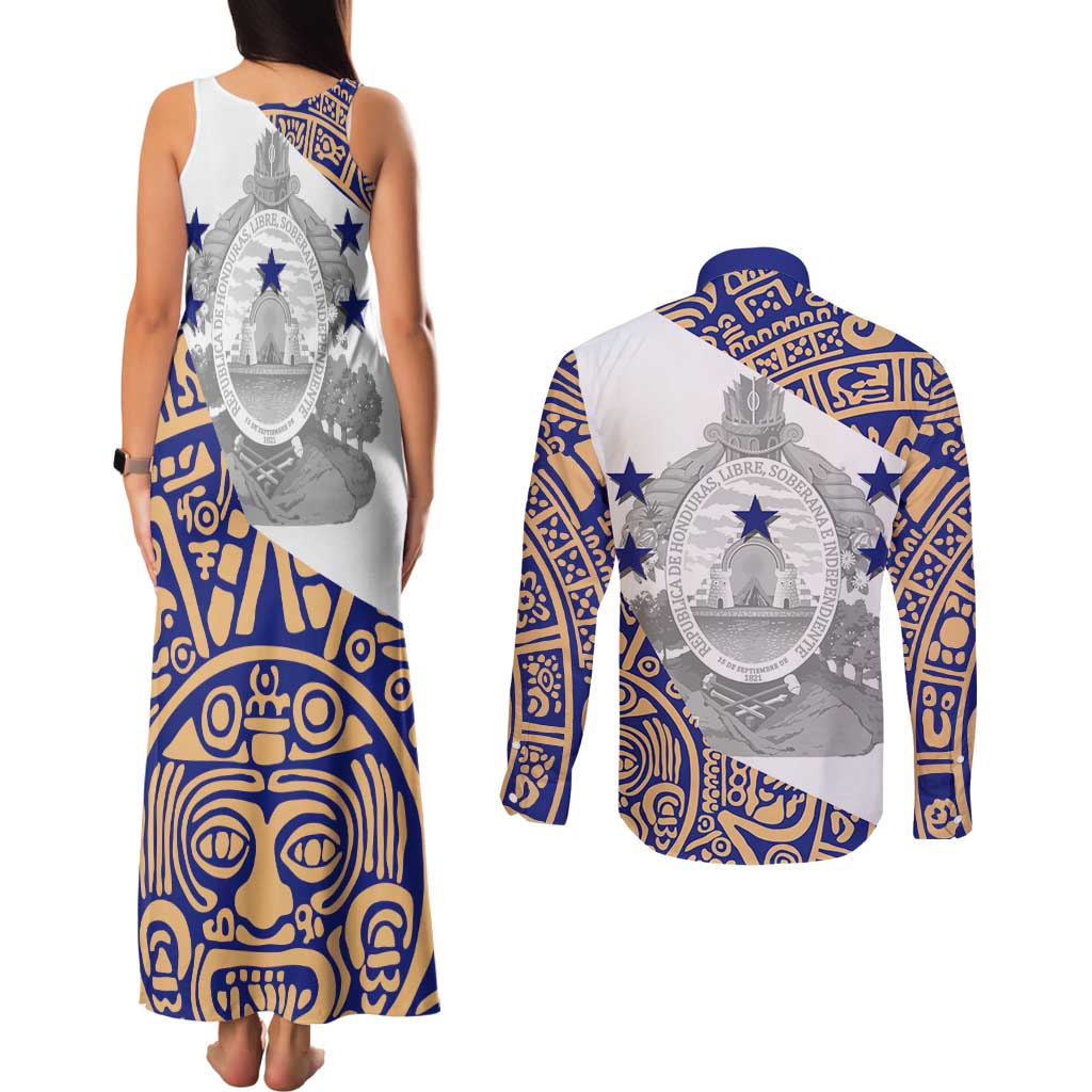 Honduras Couples Matching Tank Maxi Dress and Long Sleeve Button Shirt National Emblem Blended with Traditional Patterns - Cultural Heritage Design