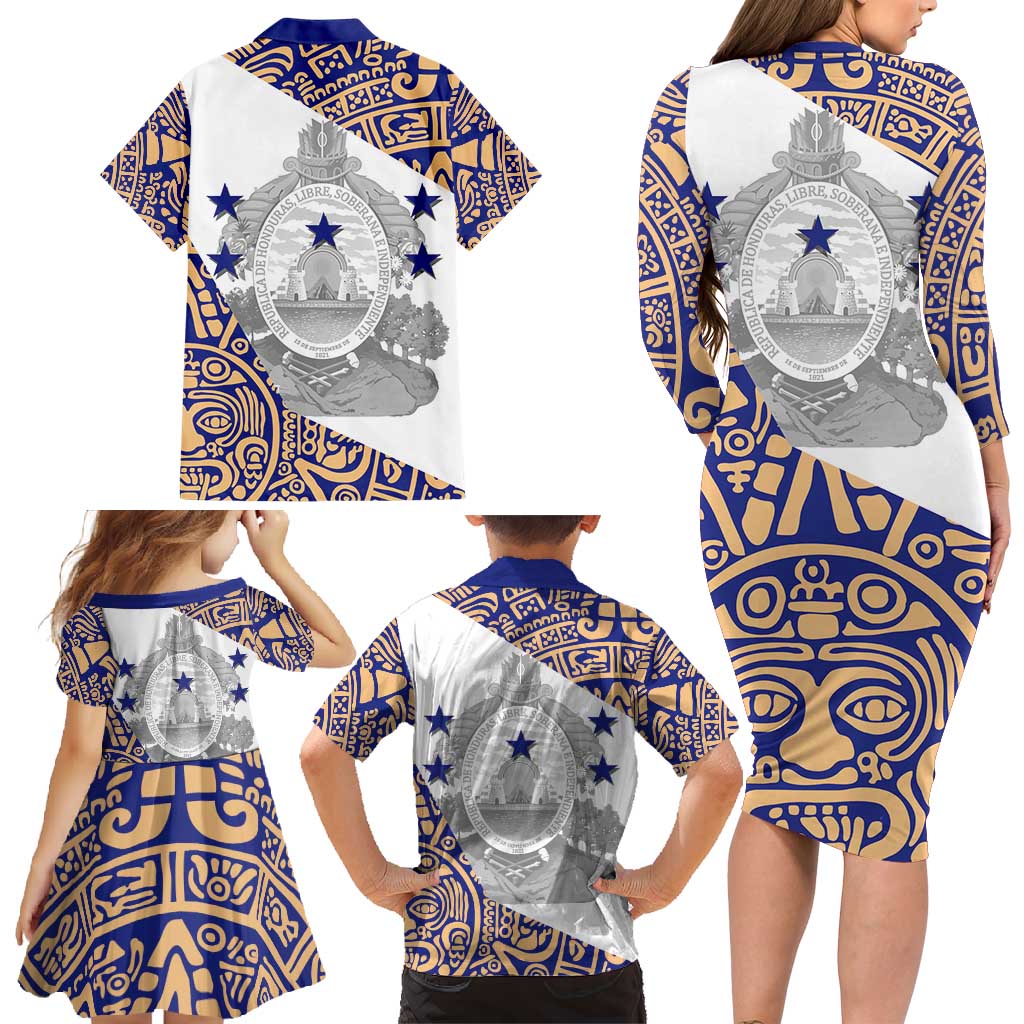 Honduras Family Matching Long Sleeve Bodycon Dress and Hawaiian Shirt National Emblem Blended with Traditional Patterns - Cultural Heritage Design
