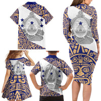 Honduras Family Matching Long Sleeve Bodycon Dress and Hawaiian Shirt National Emblem Blended with Traditional Patterns - Cultural Heritage Design
