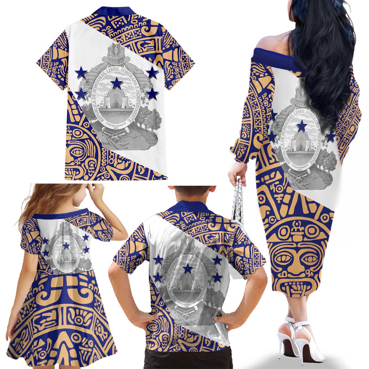 Honduras Family Matching Off The Shoulder Long Sleeve Dress and Hawaiian Shirt National Emblem Blended with Traditional Patterns - Cultural Heritage Design