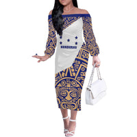 Honduras Family Matching Off The Shoulder Long Sleeve Dress and Hawaiian Shirt National Emblem Blended with Traditional Patterns - Cultural Heritage Design