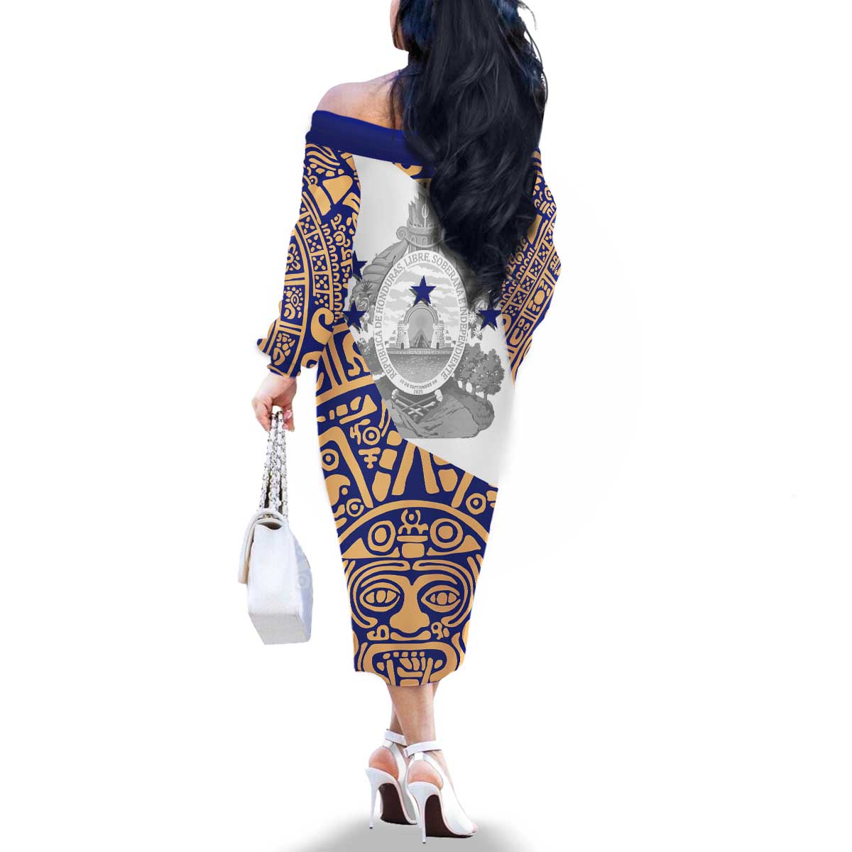 Honduras Family Matching Off The Shoulder Long Sleeve Dress and Hawaiian Shirt National Emblem Blended with Traditional Patterns - Cultural Heritage Design