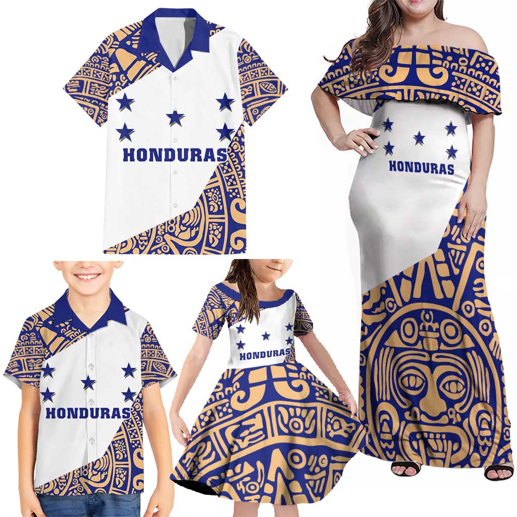 Honduras Family Matching Off Shoulder Maxi Dress and Hawaiian Shirt National Emblem Blended with Traditional Patterns - Cultural Heritage Design