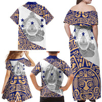 Honduras Family Matching Off Shoulder Maxi Dress and Hawaiian Shirt National Emblem Blended with Traditional Patterns - Cultural Heritage Design