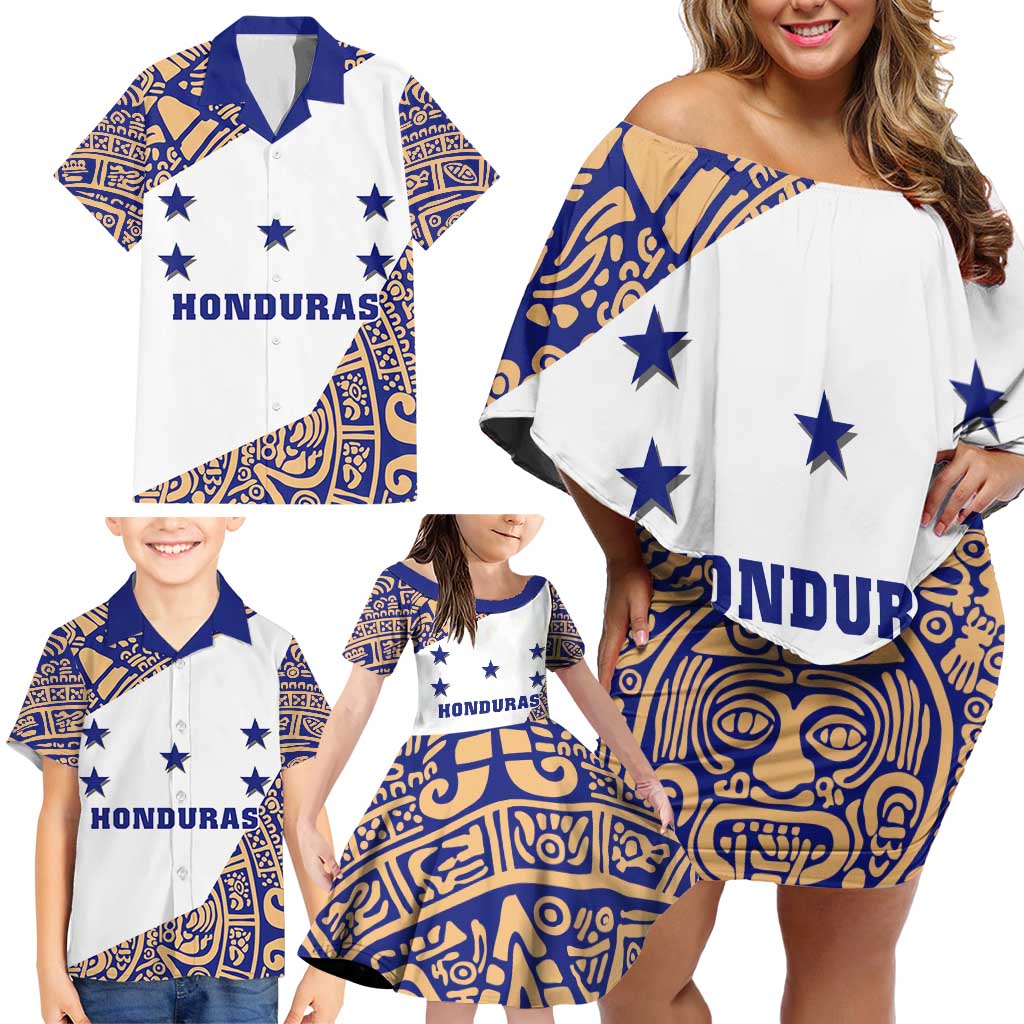 Honduras Family Matching Off Shoulder Short Dress and Hawaiian Shirt National Emblem Blended with Traditional Patterns - Cultural Heritage Design