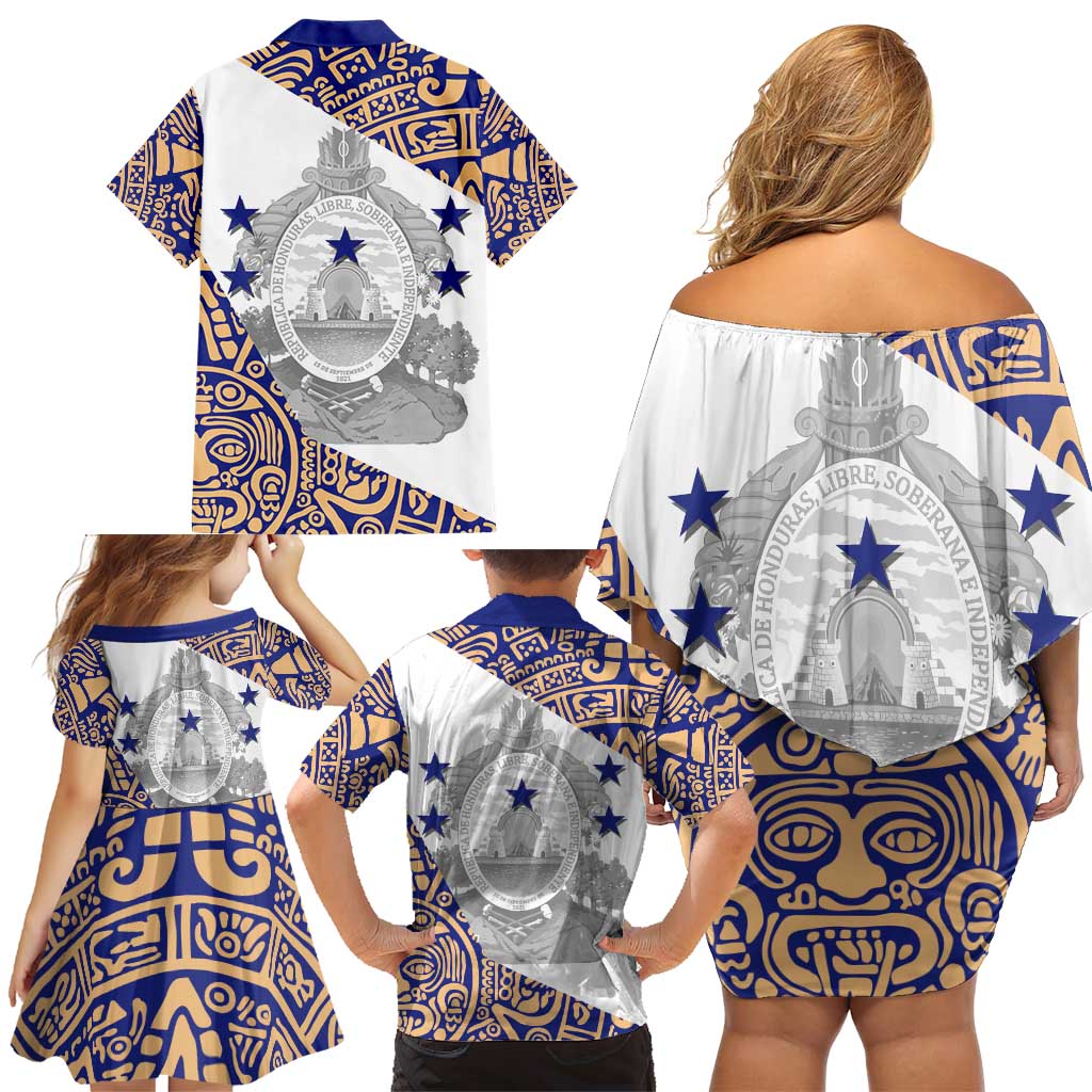 Honduras Family Matching Off Shoulder Short Dress and Hawaiian Shirt National Emblem Blended with Traditional Patterns - Cultural Heritage Design