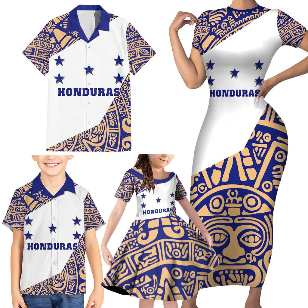 Honduras Family Matching Short Sleeve Bodycon Dress and Hawaiian Shirt National Emblem Blended with Traditional Patterns - Cultural Heritage Design