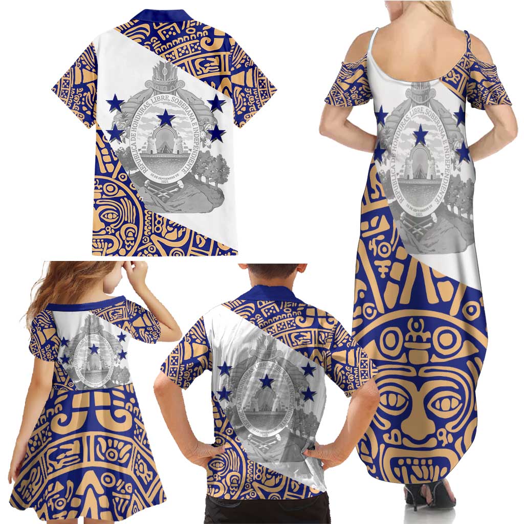 Honduras Family Matching Summer Maxi Dress and Hawaiian Shirt National Emblem Blended with Traditional Patterns - Cultural Heritage Design