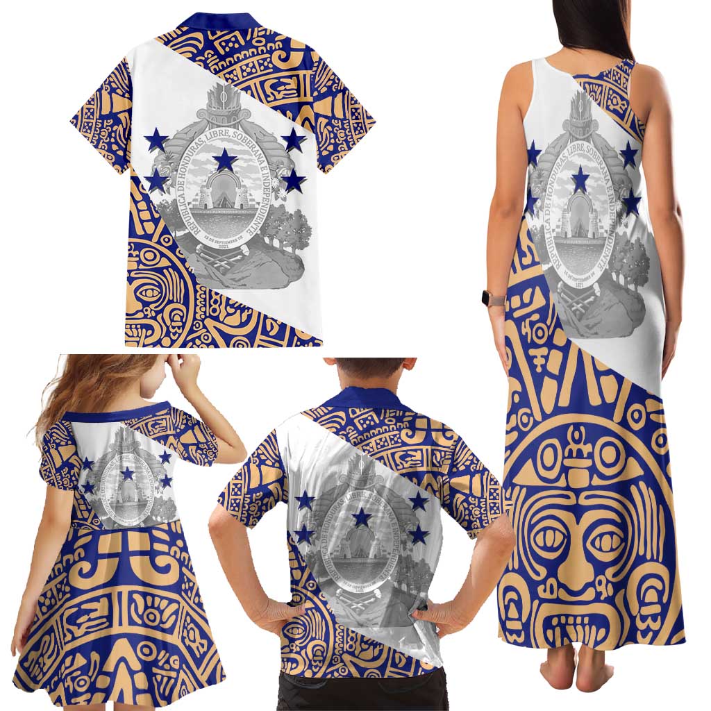 Honduras Family Matching Tank Maxi Dress and Hawaiian Shirt National Emblem Blended with Traditional Patterns - Cultural Heritage Design