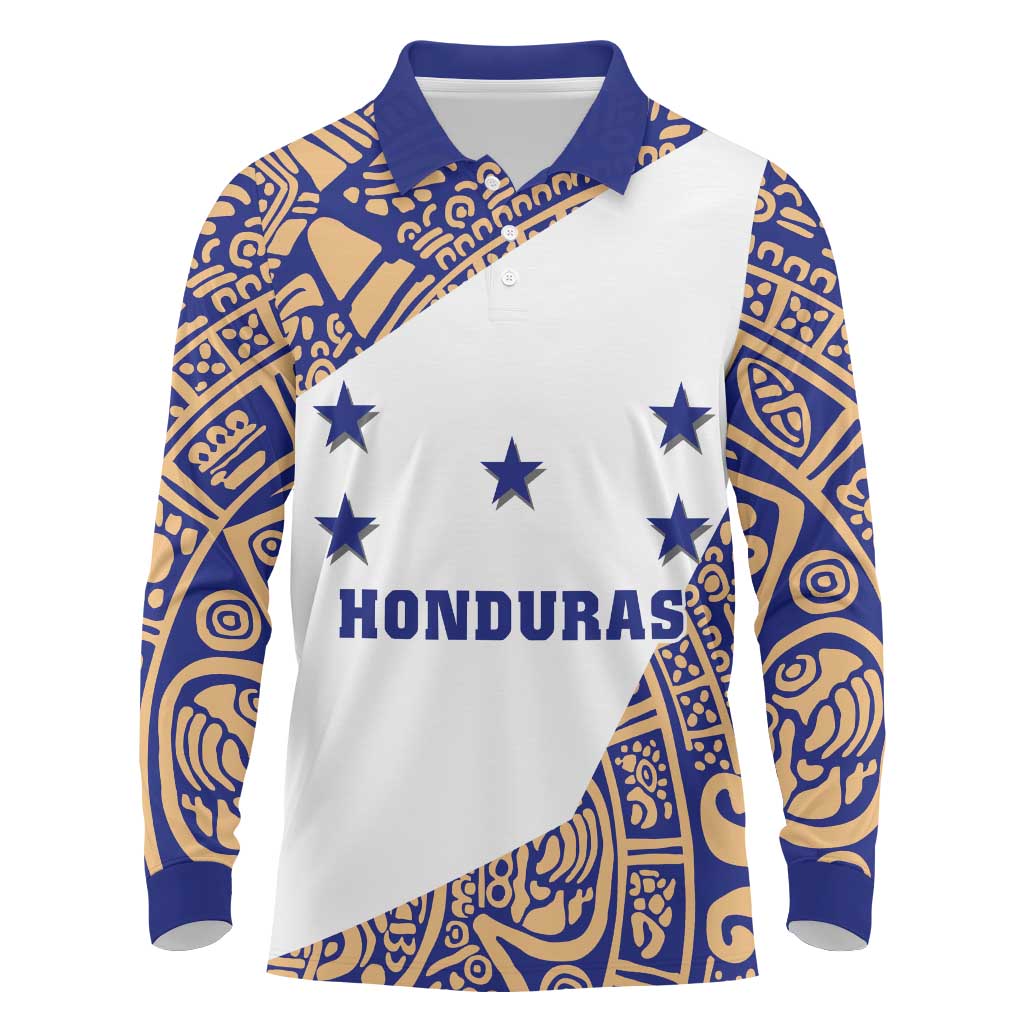 Honduras Long Sleeve Polo Shirt National Emblem Blended with Traditional Patterns - Cultural Heritage Design