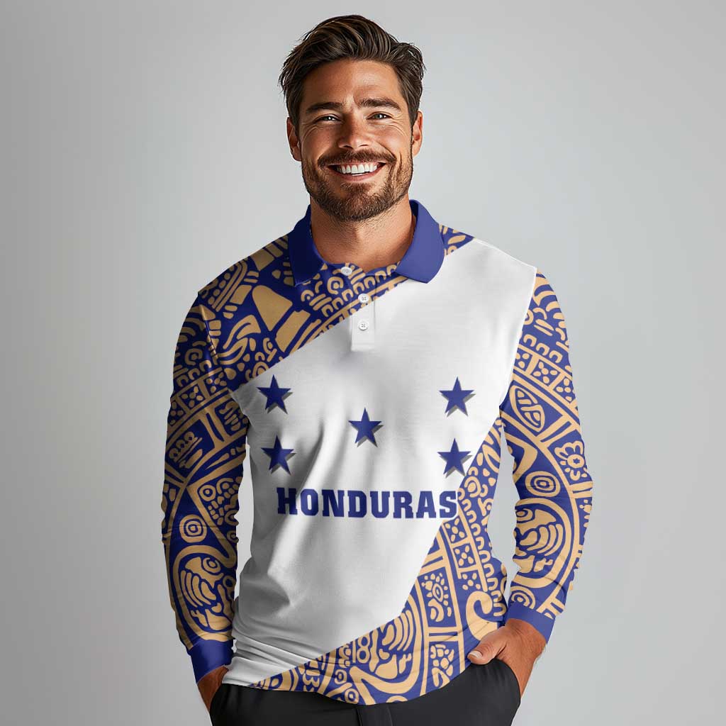 Honduras Long Sleeve Polo Shirt National Emblem Blended with Traditional Patterns - Cultural Heritage Design