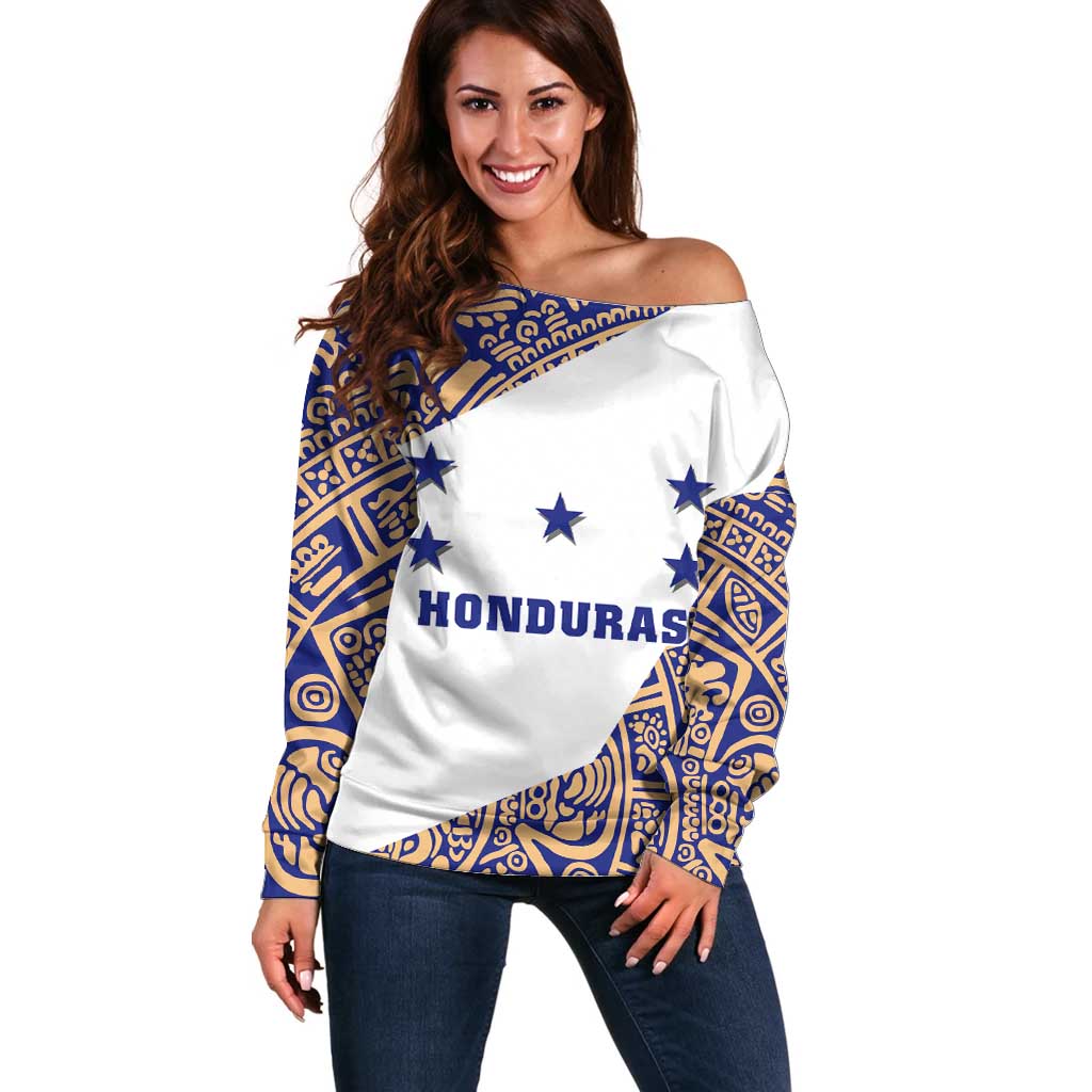 Honduras Off Shoulder Sweater National Emblem Blended with Traditional Patterns - Cultural Heritage Design