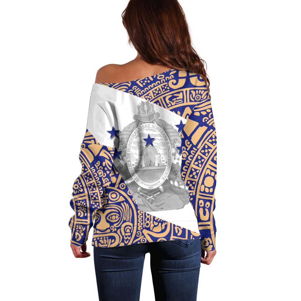 Honduras Off Shoulder Sweater National Emblem Blended with Traditional Patterns - Cultural Heritage Design