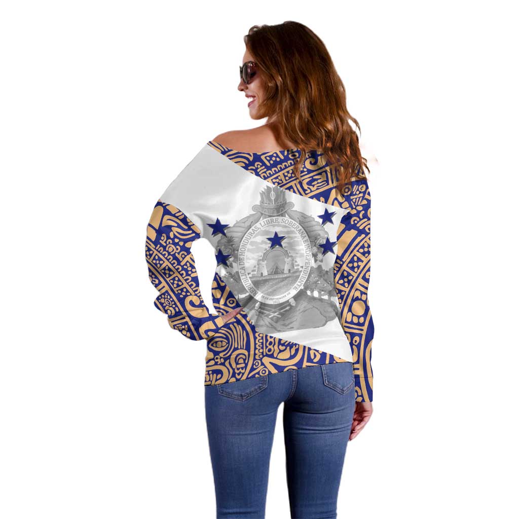 Honduras Off Shoulder Sweater National Emblem Blended with Traditional Patterns - Cultural Heritage Design