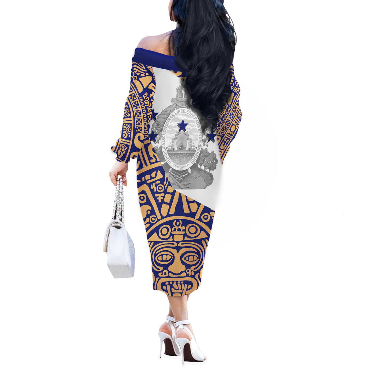 Honduras Off The Shoulder Long Sleeve Dress National Emblem Blended with Traditional Patterns - Cultural Heritage Design