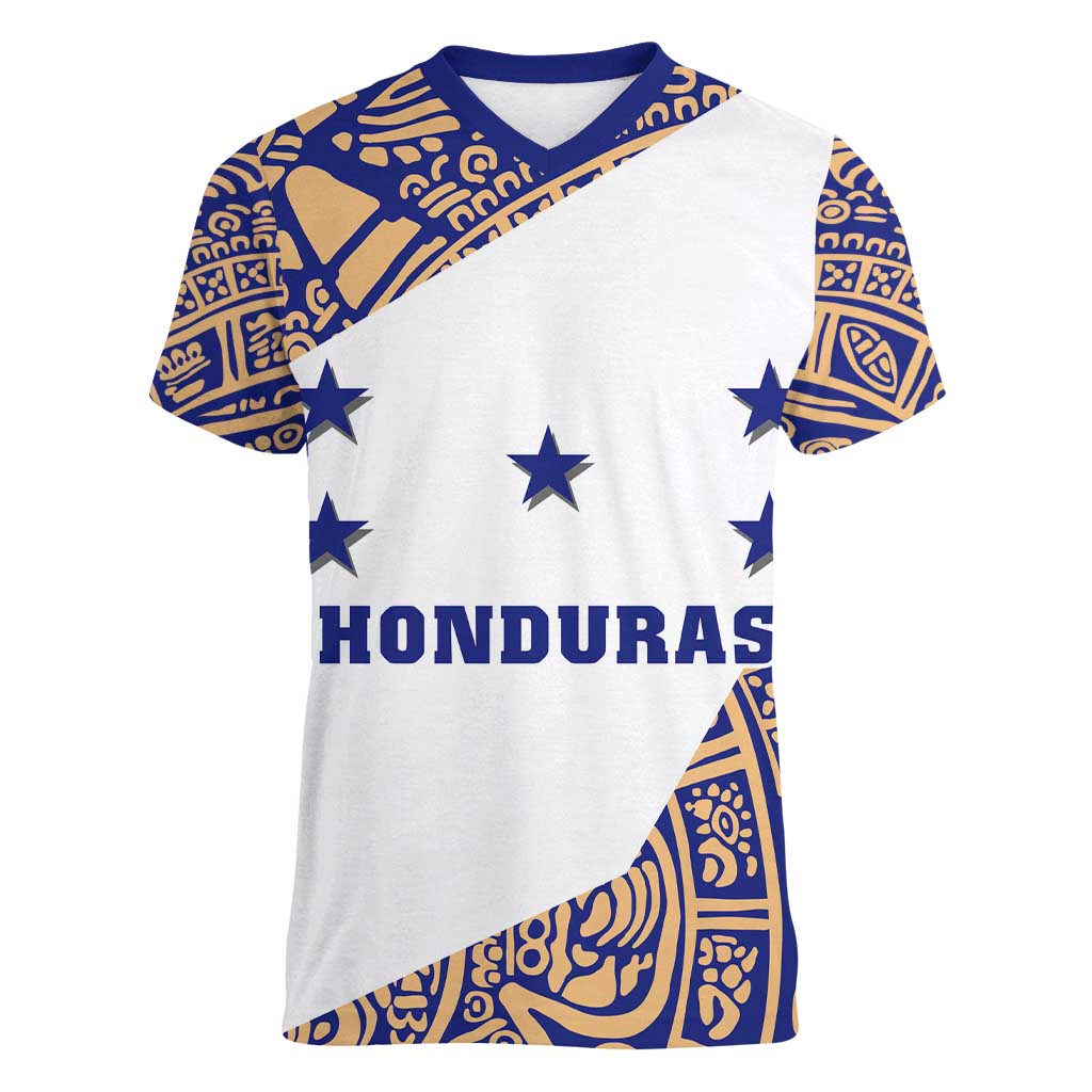 Honduras Women V-Neck T-Shirt National Emblem Blended with Traditional Patterns - Cultural Heritage Design