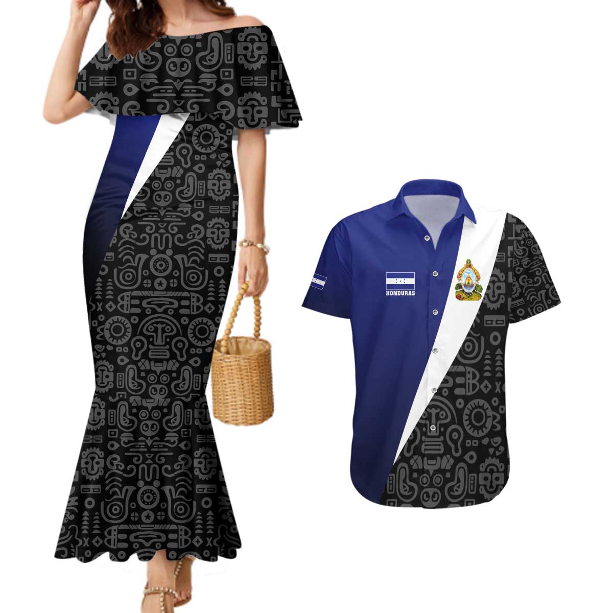 Honduras Coat of Arms Couples Matching Mermaid Dress and Hawaiian Shirt Traditional Patterns & National Symbol