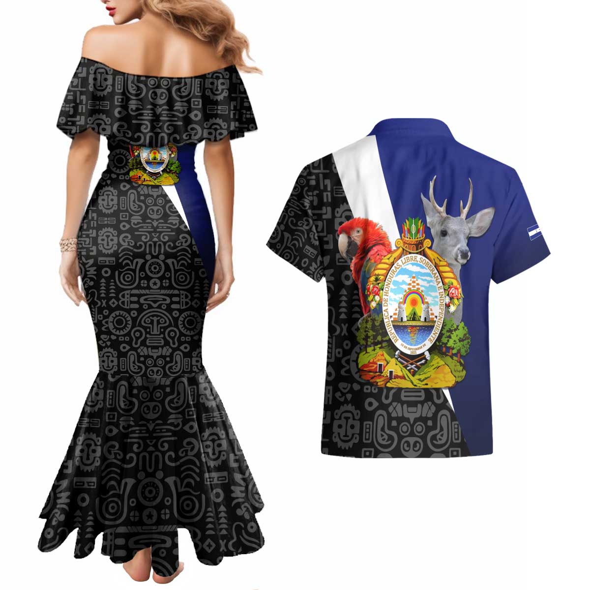 Honduras Coat of Arms Couples Matching Mermaid Dress and Hawaiian Shirt Traditional Patterns & National Symbol