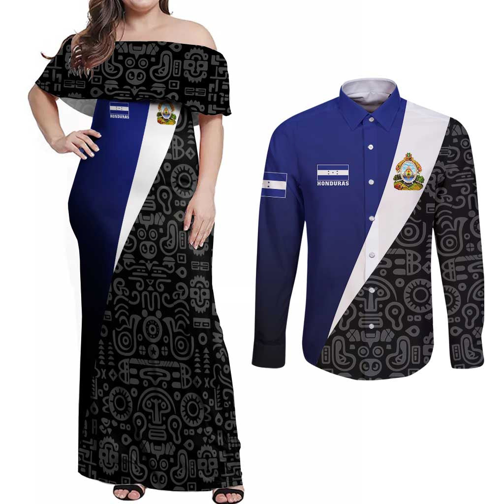 Honduras Coat of Arms Couples Matching Off Shoulder Maxi Dress and Long Sleeve Button Shirt Traditional Patterns & National Symbol
