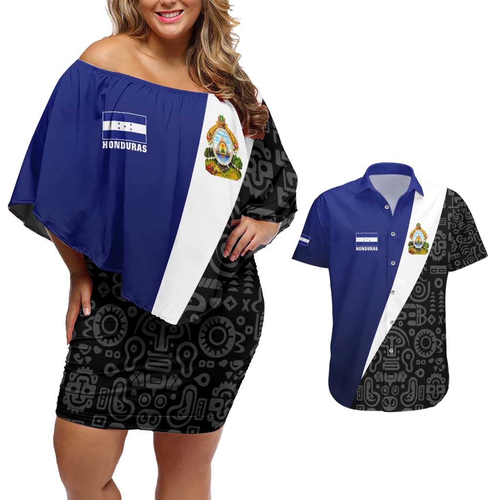 Honduras Coat of Arms Couples Matching Off Shoulder Short Dress and Hawaiian Shirt Traditional Patterns & National Symbol