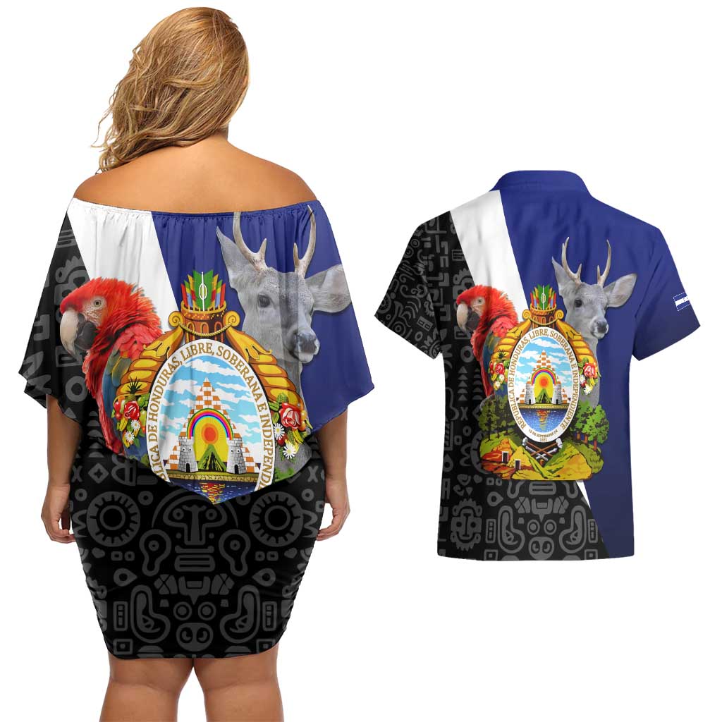 Honduras Coat of Arms Couples Matching Off Shoulder Short Dress and Hawaiian Shirt Traditional Patterns & National Symbol