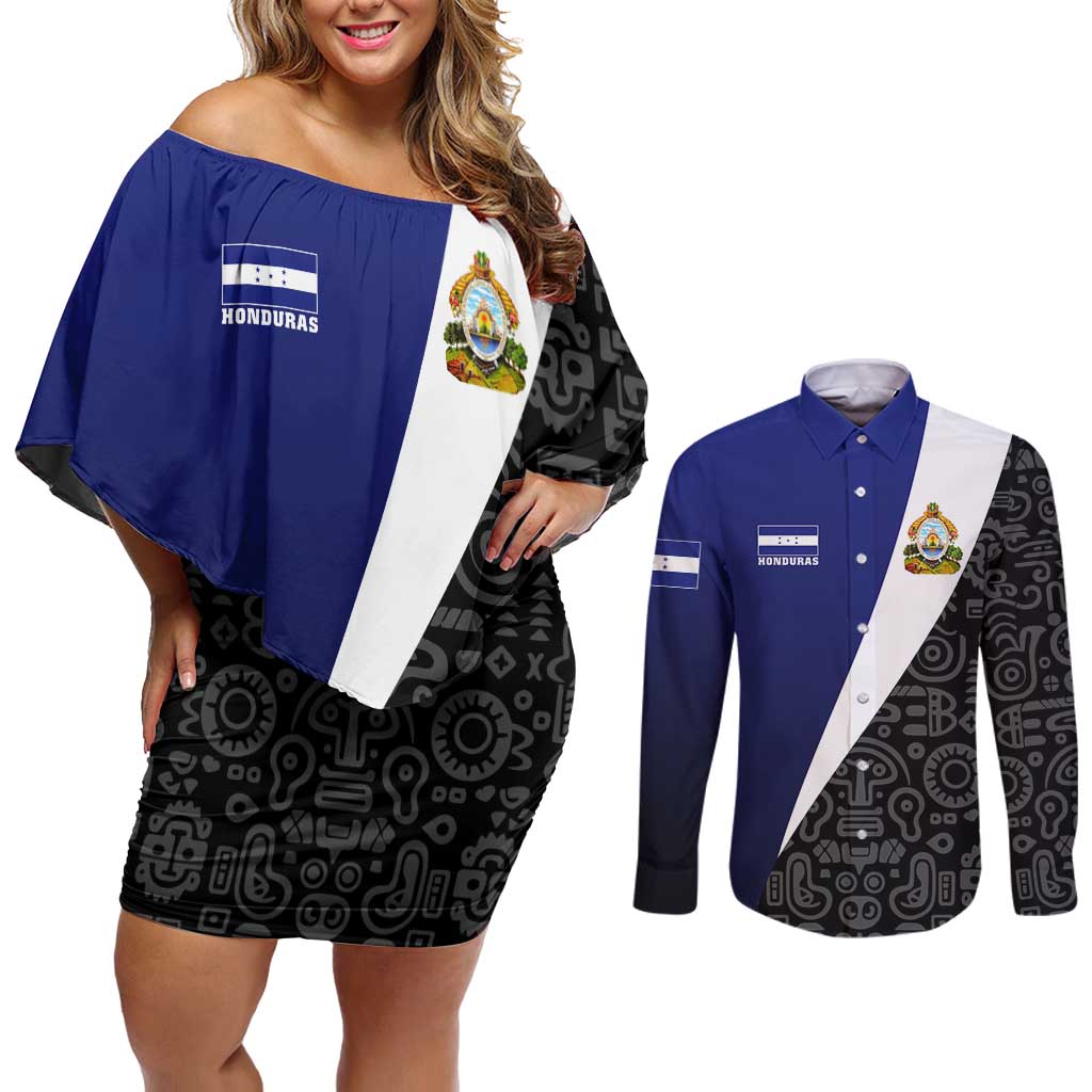 Honduras Coat of Arms Couples Matching Off Shoulder Short Dress and Long Sleeve Button Shirt Traditional Patterns & National Symbol