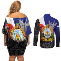 Honduras Coat of Arms Couples Matching Off Shoulder Short Dress and Long Sleeve Button Shirt Traditional Patterns & National Symbol