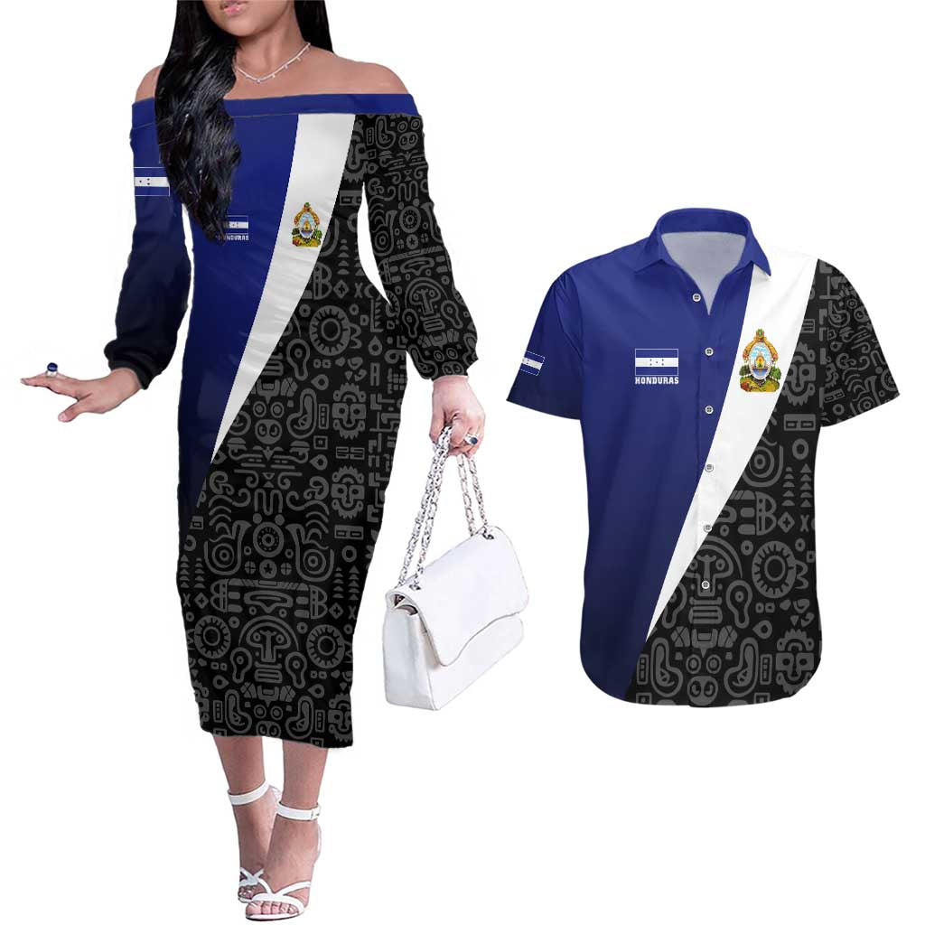 Honduras Coat of Arms Couples Matching Off The Shoulder Long Sleeve Dress and Hawaiian Shirt Traditional Patterns & National Symbol