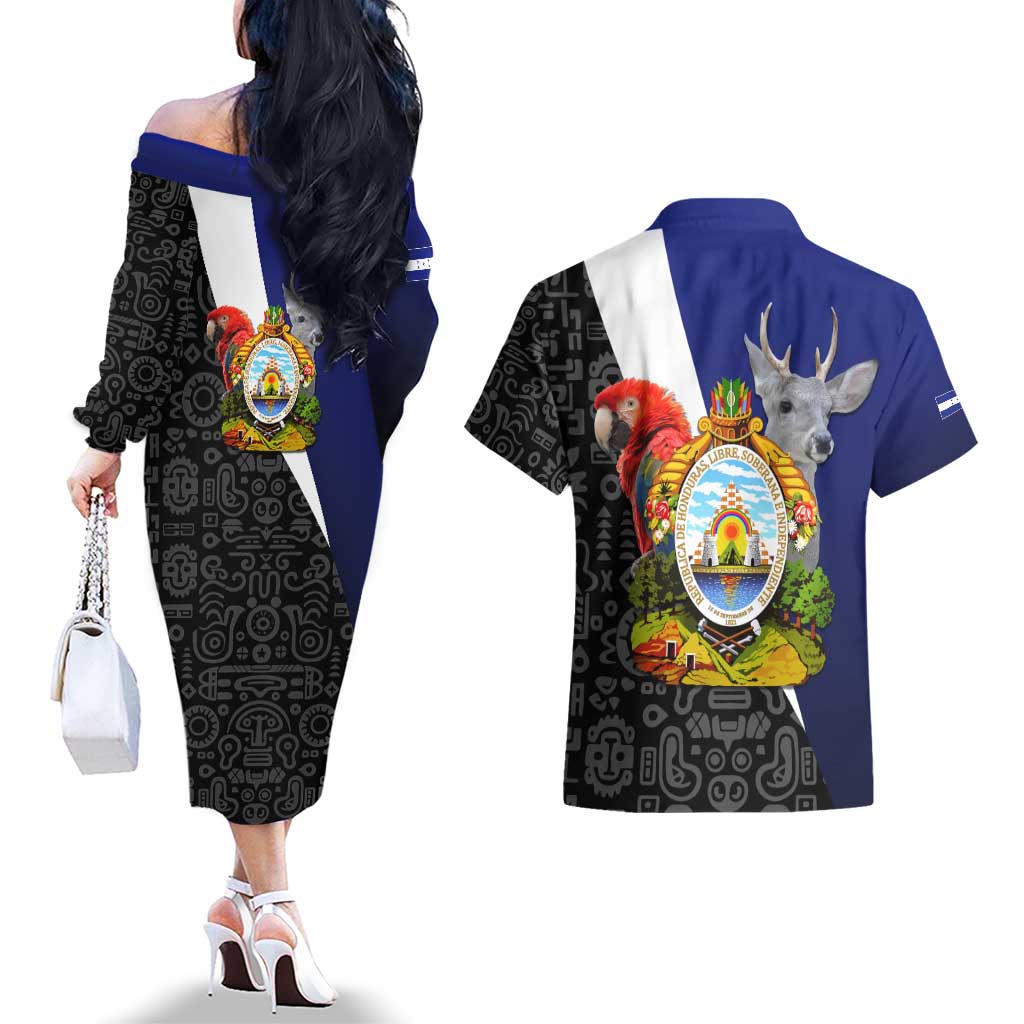 Honduras Coat of Arms Couples Matching Off The Shoulder Long Sleeve Dress and Hawaiian Shirt Traditional Patterns & National Symbol