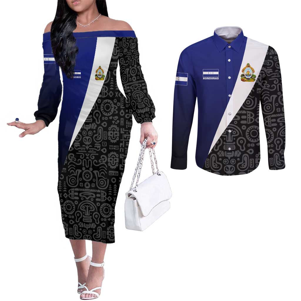 Honduras Coat of Arms Couples Matching Off The Shoulder Long Sleeve Dress and Long Sleeve Button Shirt Traditional Patterns & National Symbol