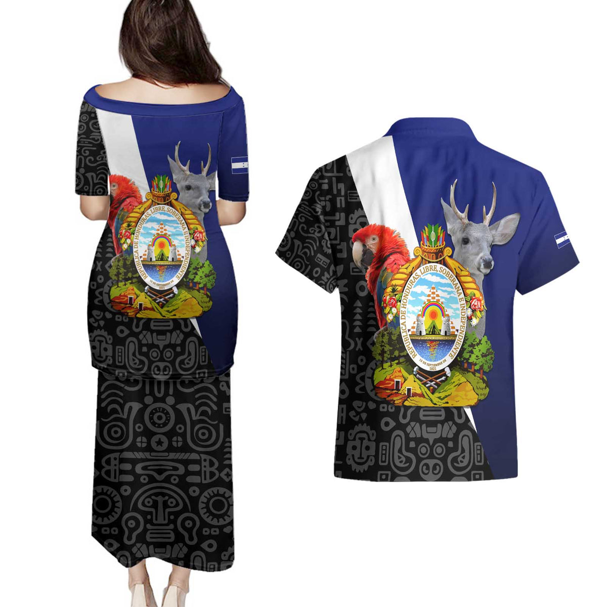 Honduras Coat of Arms Couples Matching Puletasi and Hawaiian Shirt Traditional Patterns & National Symbol