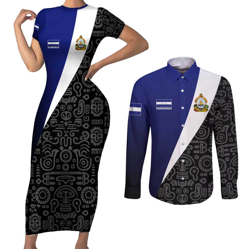 Honduras Coat of Arms Couples Matching Short Sleeve Bodycon Dress and Long Sleeve Button Shirt Traditional Patterns & National Symbol