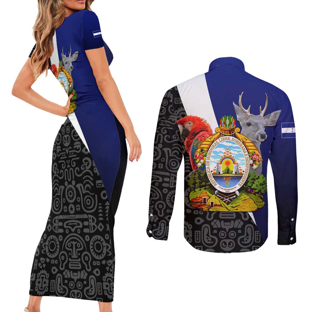 Honduras Coat of Arms Couples Matching Short Sleeve Bodycon Dress and Long Sleeve Button Shirt Traditional Patterns & National Symbol
