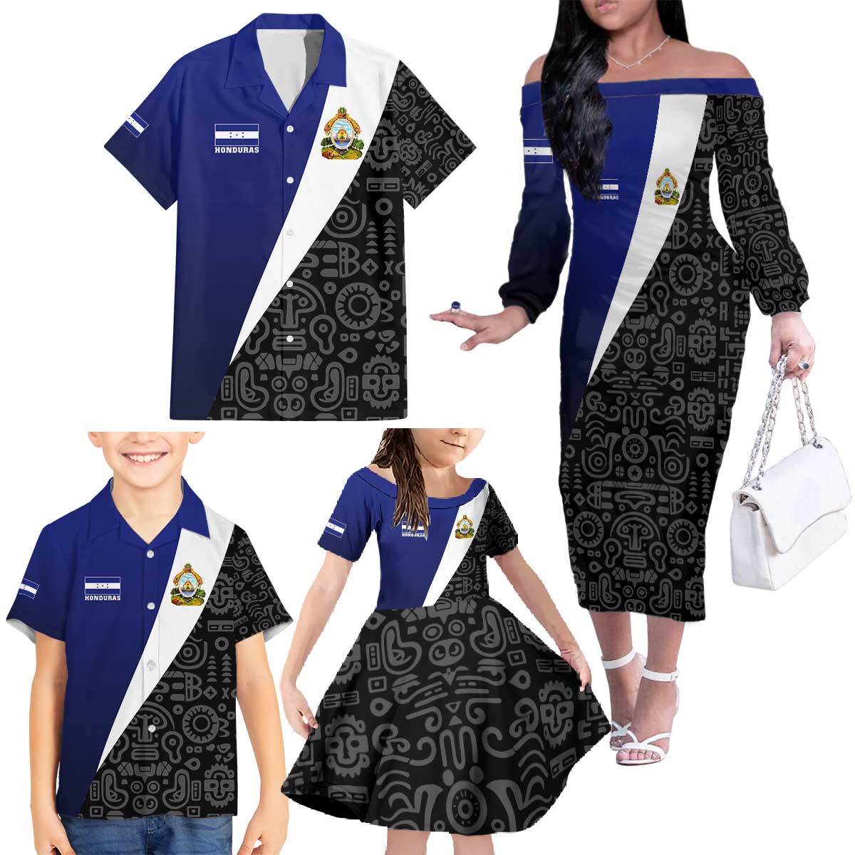 Honduras Coat of Arms Family Matching Off The Shoulder Long Sleeve Dress and Hawaiian Shirt Traditional Patterns & National Symbol
