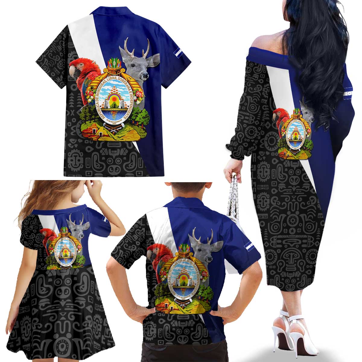 Honduras Coat of Arms Family Matching Off The Shoulder Long Sleeve Dress and Hawaiian Shirt Traditional Patterns & National Symbol