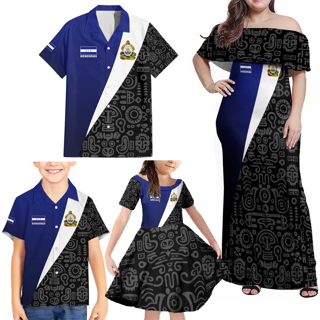 Honduras Coat of Arms Family Matching Off Shoulder Maxi Dress and Hawaiian Shirt Traditional Patterns & National Symbol