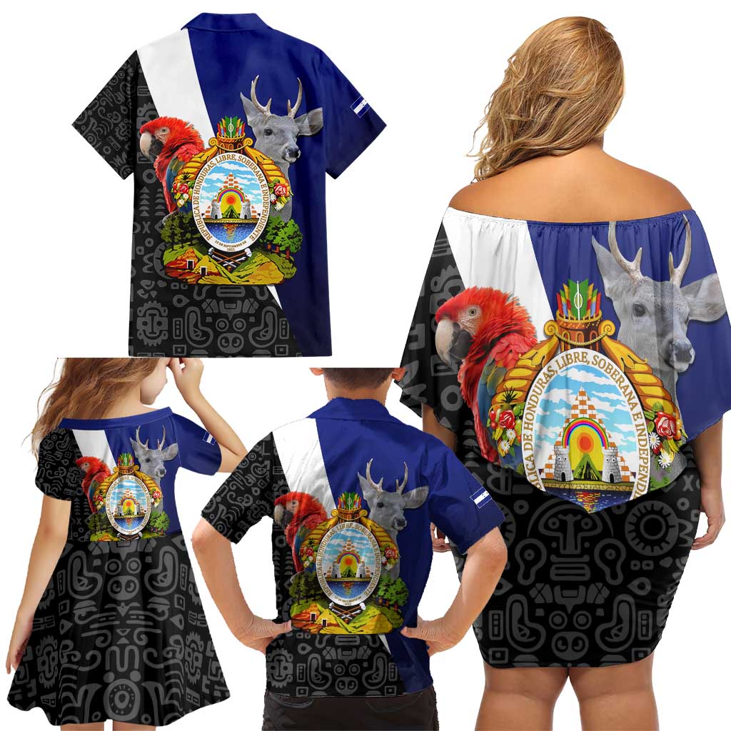 Honduras Coat of Arms Family Matching Off Shoulder Short Dress and Hawaiian Shirt Traditional Patterns & National Symbol