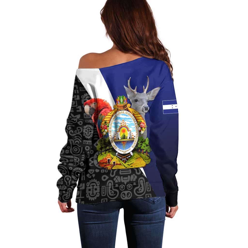 Honduras Coat of Arms Off Shoulder Sweater Traditional Patterns & National Symbol