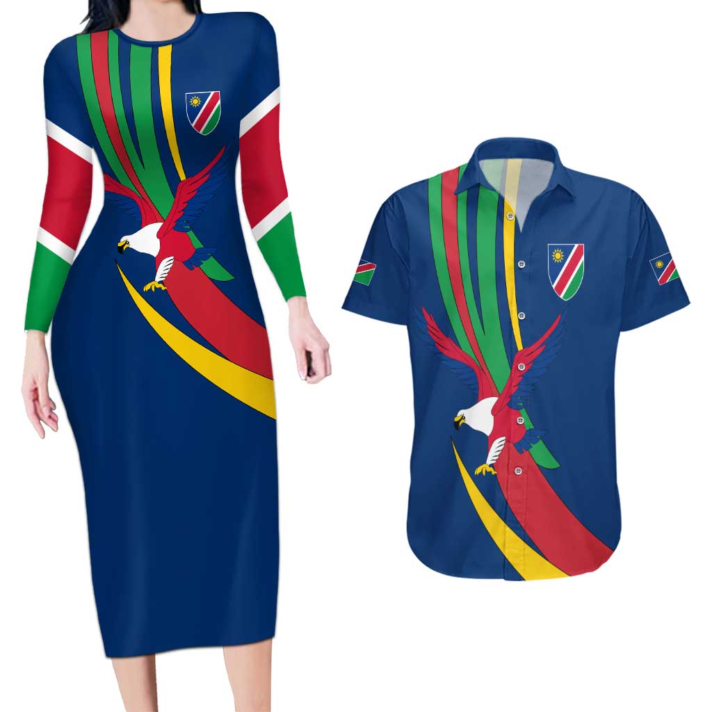 Namibia National Emblem Couples Matching Long Sleeve Bodycon Dress and Hawaiian Shirt Flag Colors & Symbolic Animals Design